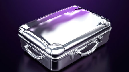 This image features a shiny silver metallic suitcase set against a vibrant purple background. The reflective surface adds depth and sophistication to the storage accessory.の素材