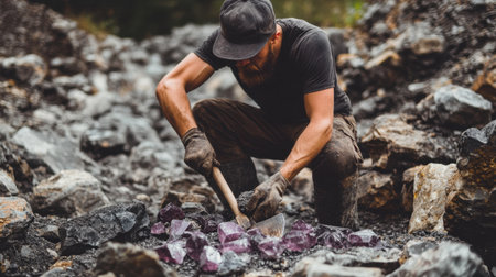 A man is engaged in mining activities, carefully digging for gemstones amid rocky terrain. The image captures the raw beauty of nature and the hard work involved in resource extraction.の素材