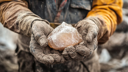A worker presents a large crystal in their hands, showcasing detailed textures and earthiness in a rugged outdoor excavation environment.の素材