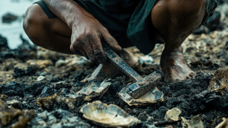 A dedicated craftsman skillfully harvests shellfish from a rocky coastal area, showcasing traditional techniques and connection to nature.の素材
