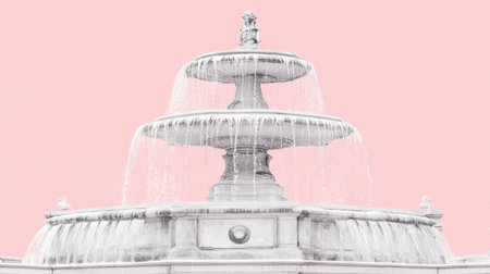 A stunning three-tiered fountain featuring flowing water captures a serene essence against a soft pastel pink background, perfect for tranquil settings.の素材