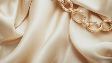 A stunning gold chain elegantly rests on soft, beige satin fabric, showcasing intricate details and luxurious texture ideal for fashion-themed projects.の素材
