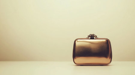 A stunning gold clutch purse displayed on a minimalist surface, perfect for fashion-themed projects, showcasing elegance and style in accessory design.の素材