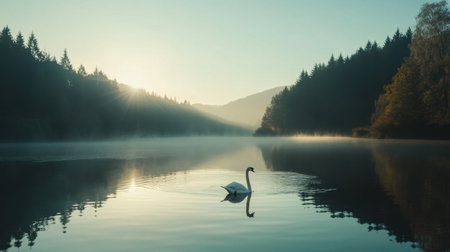 Experience a tranquil moment as a graceful swan glides across a serene lake at dawn, surrounded by misty forests and soft morning light.の素材