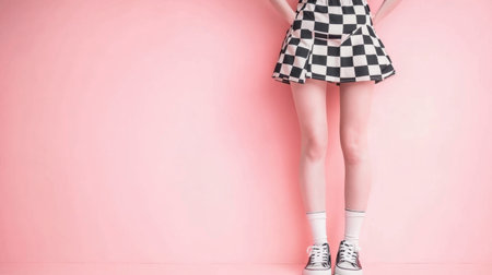 A young female model showcases a fashionable checkerboard skirt against a vibrant pink background. This image captures a contemporary and playful style, perfect for fashion-related themes.の素材