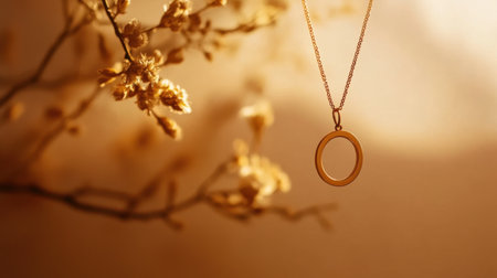 This artistic image features an elegant gold pendant necklace softly illuminated against a warm background, accentuated by delicate floral elements, perfect for showcasing jewelry.の素材