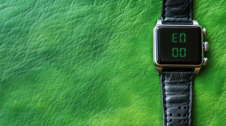 A striking modern digital watch prominently features a clear time display against a vibrant green leather background, highlighting its sleek black strap.の素材