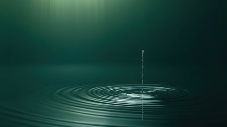 A captivating image of a solitary water drop falling into calm dark green water, creating mesmerizing ripples and reflections, evoking peace and tranquility.の素材