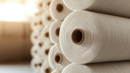 A close-up view of neatly stacked rolls of natural fiber yarn, illuminated by soft light, highlighting texture and craftsmanship, perfect for textile projects.の素材