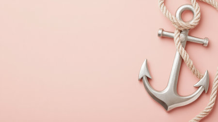 A beautifully crafted silver anchor entwined with rope, set against a soft pink background, perfect for maritime-themed designs and illustrations.の素材
