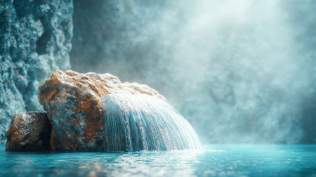 A captivating scene showcases a tranquil waterfall gracefully flowing over a rocky surface amidst a misty environment. The gentle light enhances the serene atmosphere, perfect for evoking calmness and a connection to nature.の素材