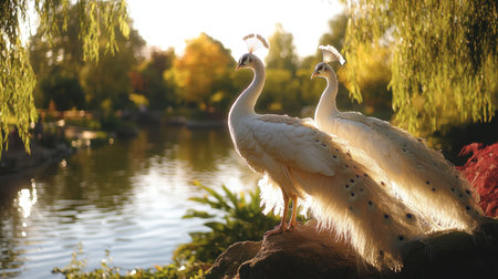 Two elegant white peacocks stand gracefully by a shimmering lake, surrounded by vibrant foliage and dappled sunlight, creating a serene and tranquil setting.の素材