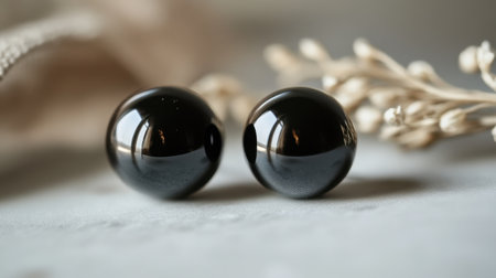 This image captures the beauty of two glossy black decorative ornaments resting on a soft fabric background, highlighting their elegance and artistry.の素材