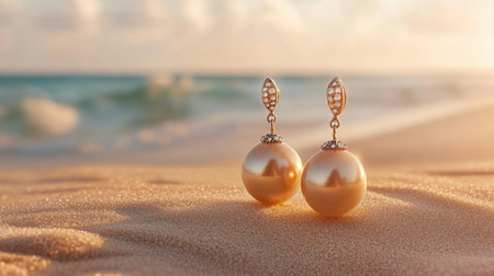 Beautiful pearl earrings displayed on a sandy beach during a stunning sunset, capturing the essence of elegance and luxury amidst nature's beauty.の素材