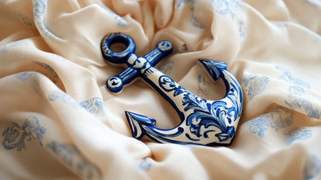 This image features a beautifully crafted decorative anchor set against soft, elegantly draped fabric. The blue and white design showcases intricate floral patterns, presenting a unique blend of nautical charm and artistic flair, perfect for interior dの素材