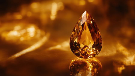 This captivating amber gemstone showcases a teardrop cut with exquisite clarity, resting gracefully on a soft golden background. It reflects stunning light, creating a luxurious and elegant visual experience perfect for jewelry design or artistic projects.の素材