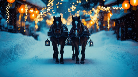 Two majestic horses pull a carriage through a snowy street adorned with twinkling lights, creating a serene and magical winter wonderland scene.の素材