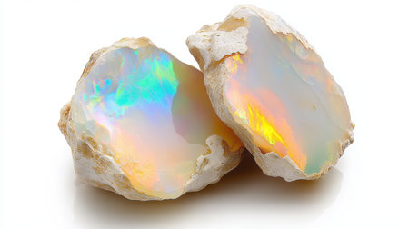 Discover these stunning natural opal gemstones showcasing unique textures and vibrant rainbow colors, perfect for jewelry and decorative displays.の素材