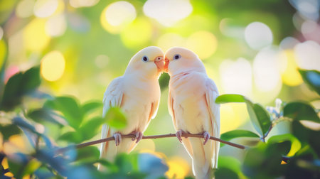 Two yellow-tinted budgerigars share a tender moment perched on a branch amid a backdrop of lush green foliage, capturing the essence of affection in nature.の素材