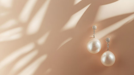 Stunning pearl earrings gracefully hang against a soft blush background, showcasing exquisite silver details and delicate shadows for a luxurious aesthetic.の素材