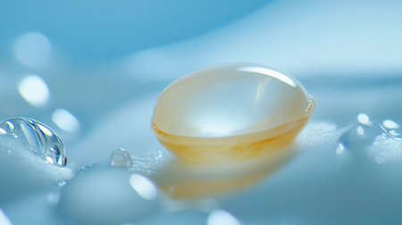 This close-up image captures a transparent capsule resting on a smooth surface, surrounded by water droplets against a soft blue background, highlighting purity and simplicity.の素材