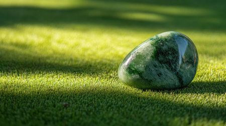 A stunning smooth green stone rests gently on a bed of fresh grass, illuminated by soft sunlight, creating a perfect serene and tranquil outdoor atmosphere.の素材