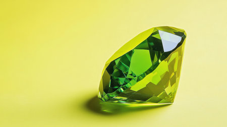 A stunning bright green gemstone displayed on a vibrant yellow background, exemplifying elegance and beauty for decorative and artistic purposes.の素材