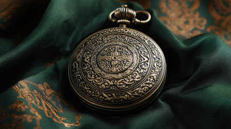 This captivating image features a vintage ornate pocket watch resting on a rich green silk fabric, showcasing intricate designs and historical elegance.の素材