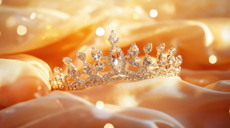 This stunning image features an elegant golden tiara adorned with sparkling gems, resting on luxurious silky fabric. Soft warm lighting enhances its allure, making it perfect for themes of beauty and royalty.の素材