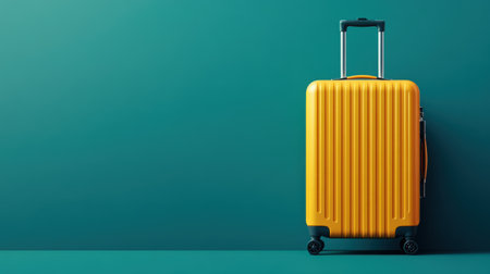 A vibrant yellow suitcase stands against a solid teal background, symbolizing travel and adventure. Ideal for vacation themes, this image captures modern design and lifestyle.の素材