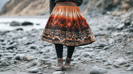 A woman showcases a beautifully designed tribal patterned skirt while standing on a rocky shoreline, emphasizing the harmonious blend of nature and fashion.の素材