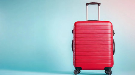 A vibrant red carry-on suitcase set against a smooth gradient background highlighting travel themes. Ideal for packing, adventure, and vacation visuals.の素材