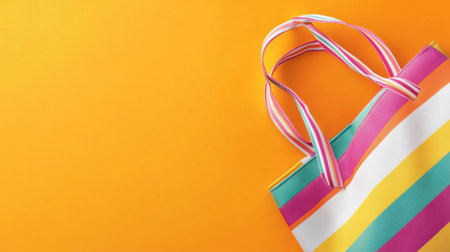 A vibrant and stylish striped tote bag set against a bright orange background, perfect for summer shopping trips or beach outings. This colorful design enhances any casual outfit.の素材