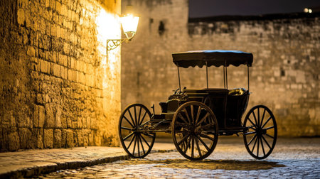 A vintage carriage stands elegantly on a cobblestone street at night. The soft glow from a historic lamp casts a beautiful light on the ancient stone wall, creating a serene and nostalgic atmosphere perfect for travel and exploration.の素材
