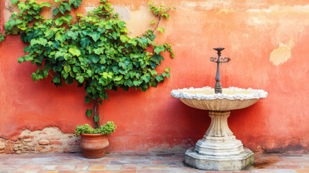 This image features a charming outdoor fountain nestled next to vibrant greenery, set against a warm rustic red wall, creating a tranquil courtyard ambiance.の素材