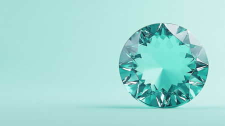A captivating light blue gemstone glimmers with brilliance, showcasing its intricate facets and clarity against a soft teal backdrop. Perfect for design projects.の素材