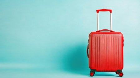 This striking red suitcase, set against a refreshing aqua blue background, captures the essence of travel and adventure, making it a perfect image for vacation inspirations.の素材
