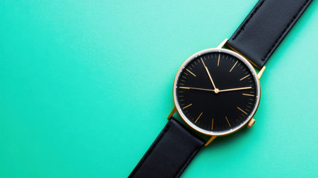 This image features an elegant black watch with gold accents, set against a vibrant turquoise background, emphasizing its modern design and sophistication.の素材