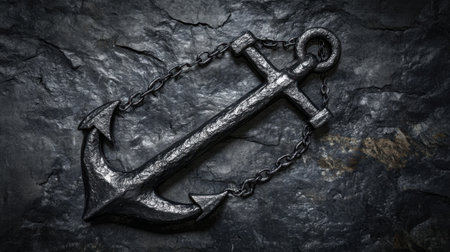 Close-up view of a detailed black metal anchor resting on a rugged stone surface, evoking themes of maritime adventure, strength, and tradition.の素材