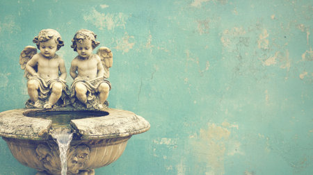 Charming vintage sculpture of two cherubs on a fountain, creating a serene atmosphere with gentle water flow against a weathered teal wall.の素材