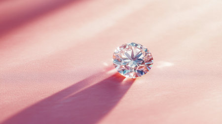 This image captures a stunning round cut diamond resting gracefully on a soft pink surface, showcasing its brilliance with remarkable reflections and shadows.の素材
