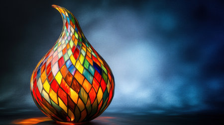 A stunning glass vase featuring an intricate mosaic pattern in vibrant shades, beautifully illuminated against a dark blue background, perfect for decoration.の素材