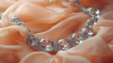 This exquisite close-up image showcases an elegant necklace adorned with sparkling crystals nestled on soft satin fabric, exuding luxury and beauty.の素材