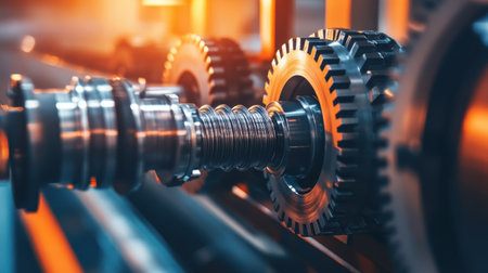 This image showcases a close-up view of intricate gears and machinery, reflecting the precision and complexity of modern industrial engineering. The warm lighting enhances the details, underlining the sophistication of mechanical design.の素材