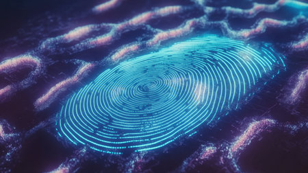 A captivating abstract digital fingerprint illustration featuring neon light elements against a futuristic background, showcasing modern technology and aesthetics.の素材