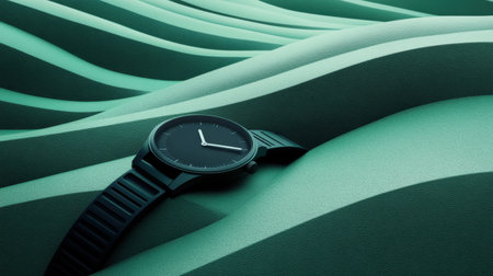 A captivating black watch is positioned on soft green waves, creating a serene and modern atmosphere. The smooth lines and elegant design emphasize minimalism and sophistication.の素材