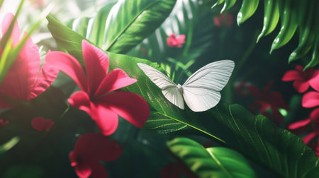 A stunning close-up of a delicate white butterfly resting on lush green leaves, surrounded by vibrant red flowers, creating a serene and beautiful nature scene.の素材