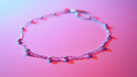 This image showcases an elegant silver bracelet adorned with shiny beads. The vibrant pink background adds a modern touch, making it ideal for fashion and jewelry displays.の素材