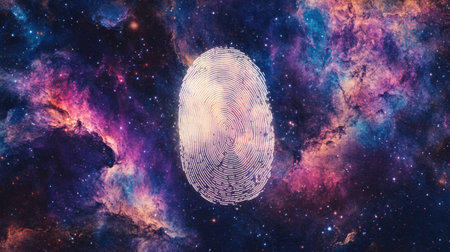 An abstract illustration featuring a fingerprint emerging from a vibrant galaxy, symbolizing identity in the cosmos, perfect for creative and technological themes.の素材
