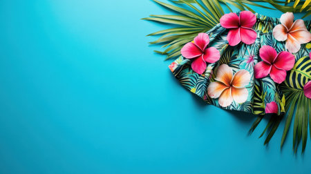 Delight in the vivid colors of a tropical floral print skirt set against a bright blue background, surrounded by lush green leaves. Perfect for summer vibes!の素材